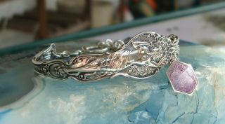 Vintage Antique 1900 ' s Art Nouveau Enamel Sterling Silver Spoon Ring Bracelet 6