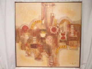 Vtg Mid Century Oil Painting Signed Cabot Abstract Cityscape Style Canvas Framed