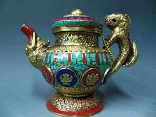 Tibet Copper Bronze Handwork Inlay Turquoise Red Coral Eight Treasure Stoup Pot