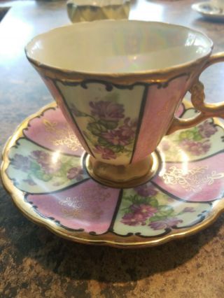 Royal Sealy China Japan - Rose Pattern Teacup And Saucer - Gold Trim