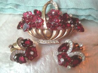 Vintage Crown Trifari Brooch Red Glass Flower Basket & Earrings Alfred Philippe