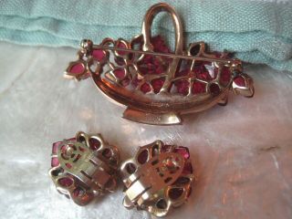 Vintage Crown TRIFARI Brooch RED GLASS FLOWER BASKET & EARRINGS Alfred Philippe 4