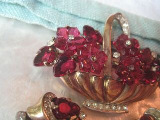 Vintage Crown TRIFARI Brooch RED GLASS FLOWER BASKET & EARRINGS Alfred Philippe 5