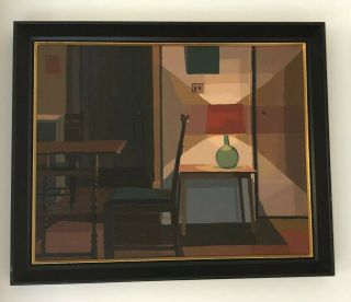 Vintage Oil Painting Interior Scene Mid Century Modern Room Apt.  Lamp Desk Framed