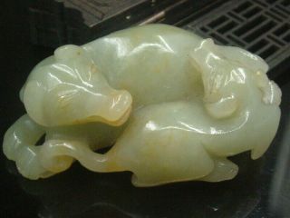 Antique Chinese Celadon Nephrite Hetian Jade Double - Luck - Dog Statue/pendant