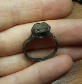 Fine Old Antique Bronze Medieval Ring With Black Glass Insert Us - 11 2780