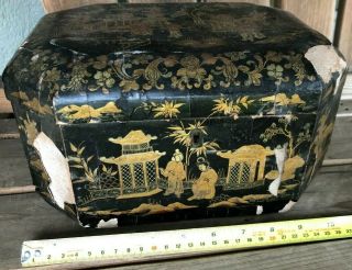 Old Antique Chinese Gilt Decorated Painted Tea Caddy Pewter Box Gold Lacquer