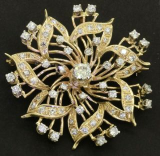 Vintage 14k Yg 3.  79ct Vs Diamond Abstract Cluster Flower Brooch W/ 0.  50ct Center