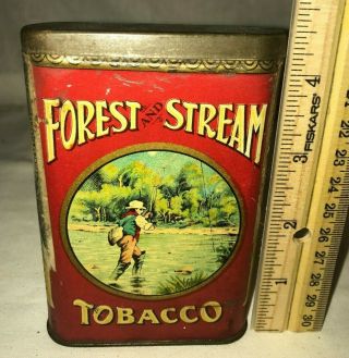 Antique Forest Stream Tobacco Tin Litho Vertical Pocket Can Fly Fishing Vintage