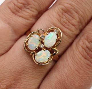 Ladys Antique 14k Yellow Gold,  Diamonds & Colorful White Opal Ring Size 9