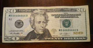 American USA 2013 $20 Note Solid Serial Number (MB66666666B) RARE 4