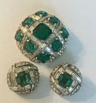 Marcel Boucher Rhinestone Emerald Colored Neck And Ear Set N/r