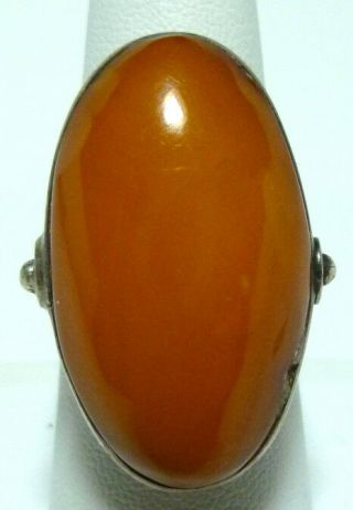 Old Sterling Silver Polish Butterscotch Egg Yolk Baltic Amber Large Oval Ring