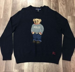 Polo Bear Ralph Lauren Knit Sweater Blue Sz Xl Rl Vtg Crewneck