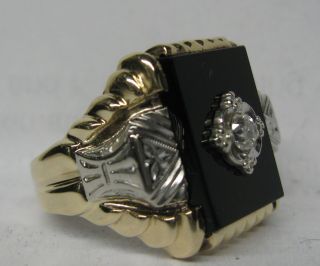 Vintage Mens 10k Solid Gold 2 - Tone Onyx &.  18 Ct.  Diamond Ring Sharp