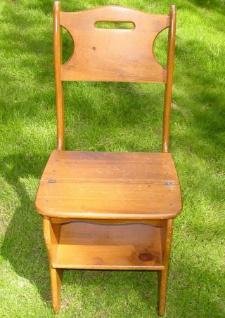 Rare Vintage Handcrafted 2 In 1 Wooden Folding Chair & Step Ladder