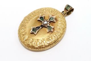 A Fine Antique Victorian 15ct Yellow Gold Emerald & Pearl Locket Pendant 12616