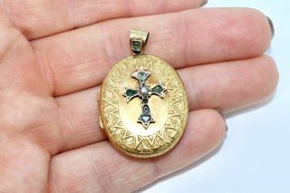 A Fine Antique Victorian 15ct Yellow Gold Emerald & Pearl Locket Pendant 12616 3