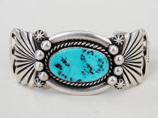 Signed Ab Vtg Native American Sterling Silver Cuff Bracelet Anna Begay Turquoise