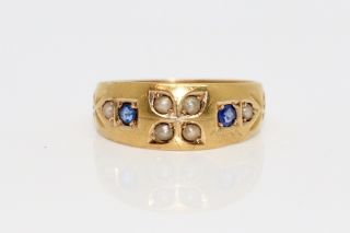 A Stylish Antique Victorian C1890 18ct 750 Yellow Gold Sapphire & Pearl Ring