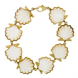 Vintage 14k Gold 7.  5 " Detailed Carved Mother Of Pearl Seashell Link Bracelet