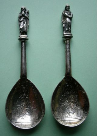 Two Different Antique Continental Sterling Silver " Ave Maria " Apostle Spoons