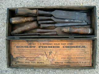 Early Antique Vintage T.  H.  Witherby Wood Box With Firmer Chisels