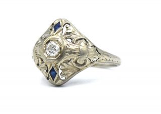 Antique Art Deco Diamond Sapphire Engagement Ring Filigree 18k White Gold Size 6