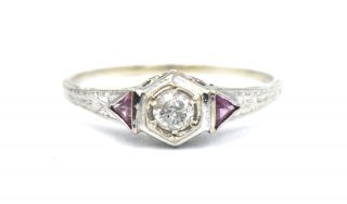 Antique Art Deco Diamond Ruby Engagement Ring Filigree 14k White Gold Size 7.  5