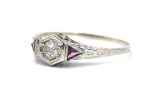 ANTIQUE ART DECO DIAMOND RUBY ENGAGEMENT RING FILIGREE 14K WHITE GOLD SIZE 7.  5 2