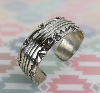 Thick Deep Stamp Work Vtg Navajo Sterling Silver Cuff Bracelet