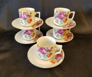Vintage Set Of 5 Demitasse Demi Tea Cup & Saucers Made In Occupied Japan Floral
