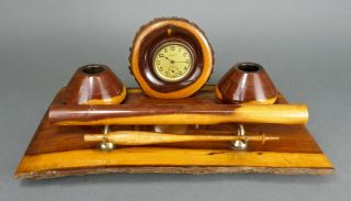 Antique Crown Mulga Treen Hard Wood German Haller Desk Clock Inkwell Australia