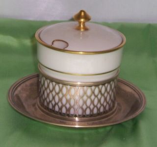 Tiffany Sterling Silver Pierced Holder With Rare Lenox Porcelain Jelly Jar