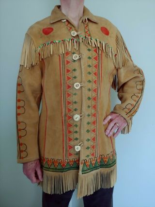 Men’s Unique Vintage Hand - Painted Buckskin Shirt And Pants,  Beaded & Fringed