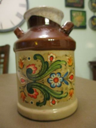 Vintage Norwegian Rosemaled Stoneware " Milk " Jug Crock W/ Handles Brown And Tan