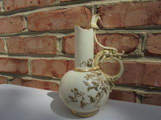 Old Antique Royal Worcester Porcelain Dragon Handle Ewer Raised Gold Decoration