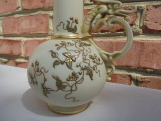 Old Antique Royal Worcester Porcelain Dragon Handle Ewer Raised Gold Decoration 5