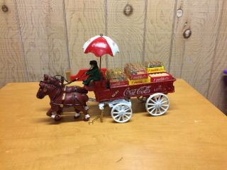 Cast Iron Coca Cola Wagon With Two Cast Iron Horses,  Driver And Umbrella