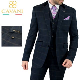 Mens Navy Tweed Check Vintage Peaky Blinders Tailored Fit 3 Piece Suit Wedding
