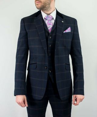 Mens Navy Tweed Check Vintage Peaky Blinders Tailored Fit 3 Piece Suit Wedding 8