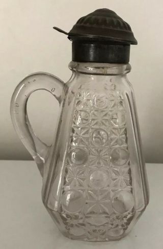 Vintage Cut Glass Syrup Pitcher With Silver Cap,  7 1/4 Inches Tall