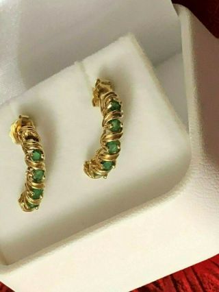 Vintage 10k Yellow Gold & Emerald Semi Hoop Earrings.