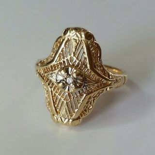 Antique Art Deco Filigree 10k Gold Diamond Ring Size 6 /anillo De Oro Antiguo