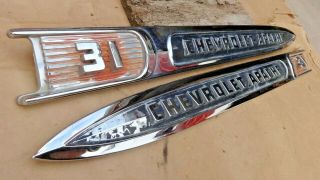 1959 Chevy Truck APACHE 31 FRONT FENDER NAME PLATES GM pair 2