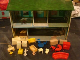 Vintage Marx Tin Colonial House W Furniture 1/32 54mm Metal Dollhouse Playset