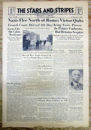 JUne 6,  1944 Stars & Stripes WW II newspaper ALLIED FORCES CAPTURE ROME Italy 2