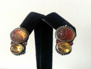 Vintage Designer STEPHEN DWECK 925 Carved Crustal,  Citrine Clip - On Earrings 2