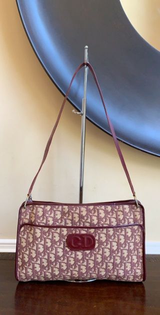 Authentic Vintage Christian Dior Trotter Pattern Red Canvas Leather Shoulder Bag