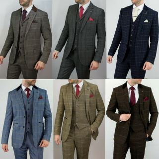 Mens Tweed Check Herringbone Peaky Blinders Vintage Tailored Fit 3 Piece Suit